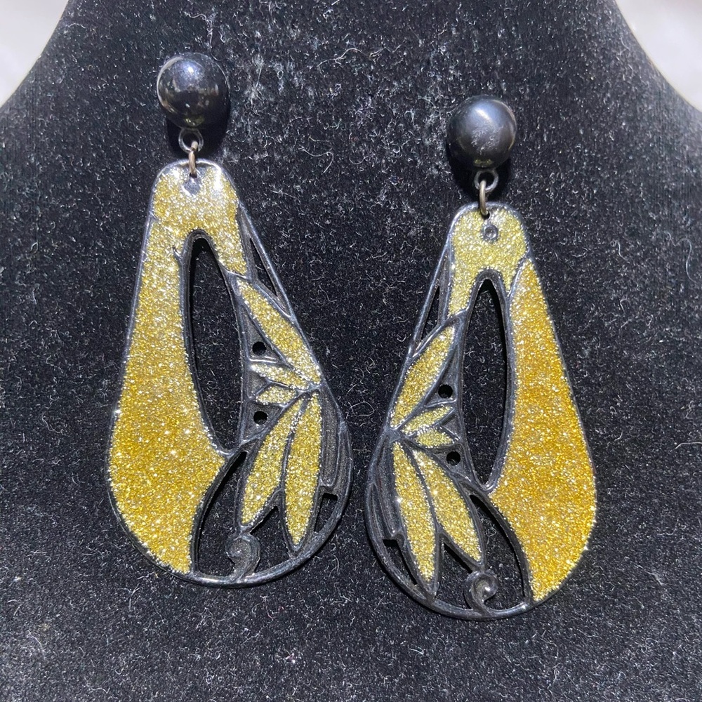 Vintage Gold Glitter Abstract Teardrop Earrings Black Cutout Ball Stud
